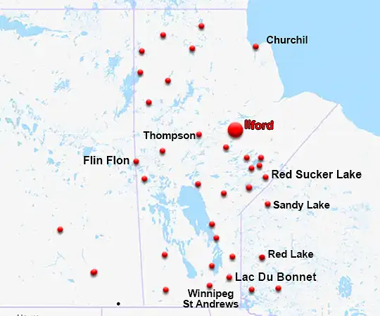 Map showing the location of Ilford, Manitoba